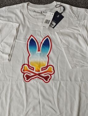 Psycho Bunny Men's White Tee with Blue-Yellow Gradient Bunny Logo